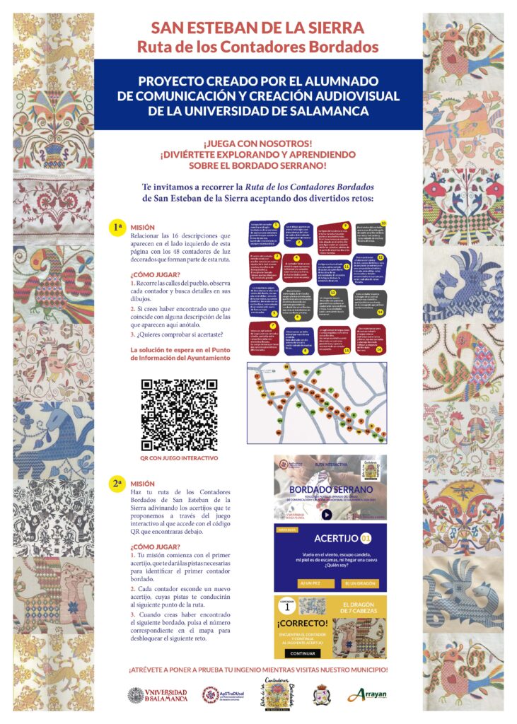 Infotafel über das Spiel zur Route der verzierten Stromkästen von San Esteban de la Sierra, entworfen von den Studierenden des Studiengangs Kommunikation und Audiovisuelle Gestaltung.